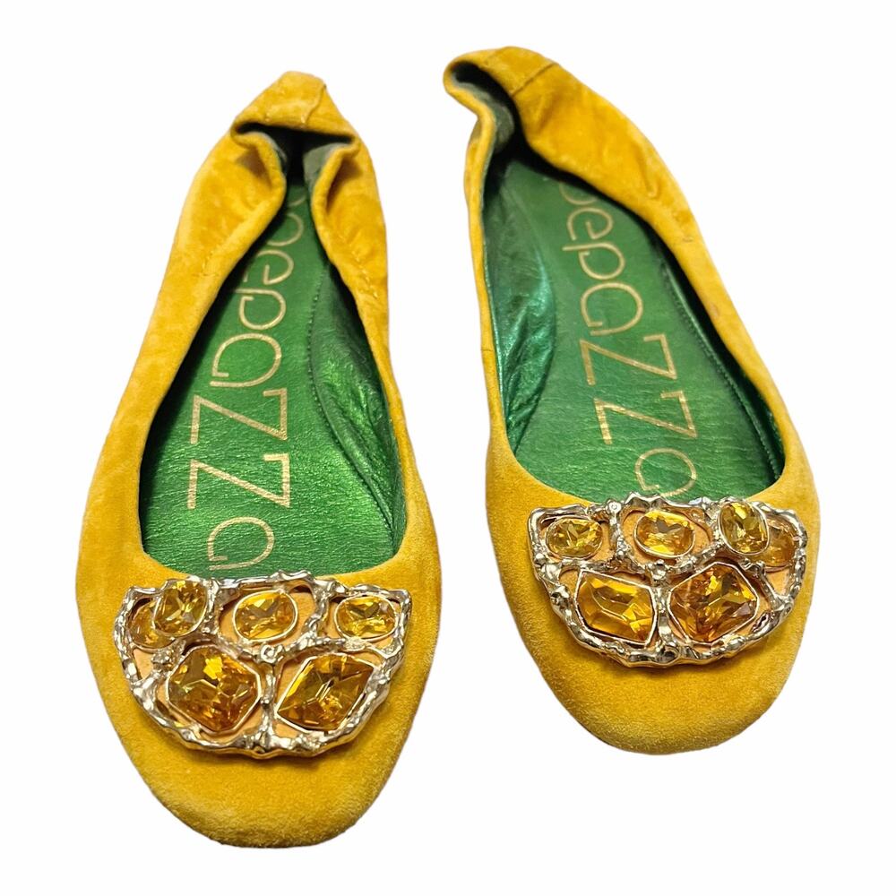 APEPAZZA Simba Ballet Flat Yellow Suede Rhinestones Round Toe Leather Shoes 8